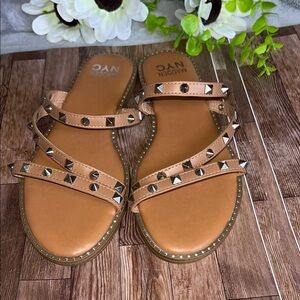 Tan Studded Sandals with Flat Sole
